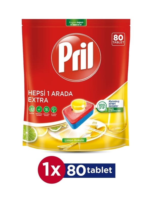 Pril Hepsi Bir Arada Extra Tablet Bulaşık Deterjanı 80 Yıkama, 80 tablet