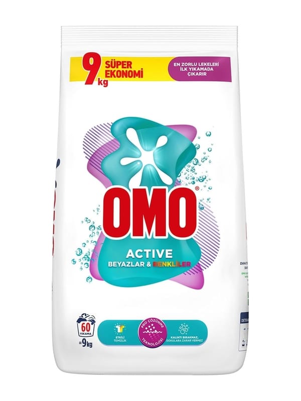 Omo Active Beyazlar ve Renkliler için Toz Çamaşır Deterjanı, 9 kg